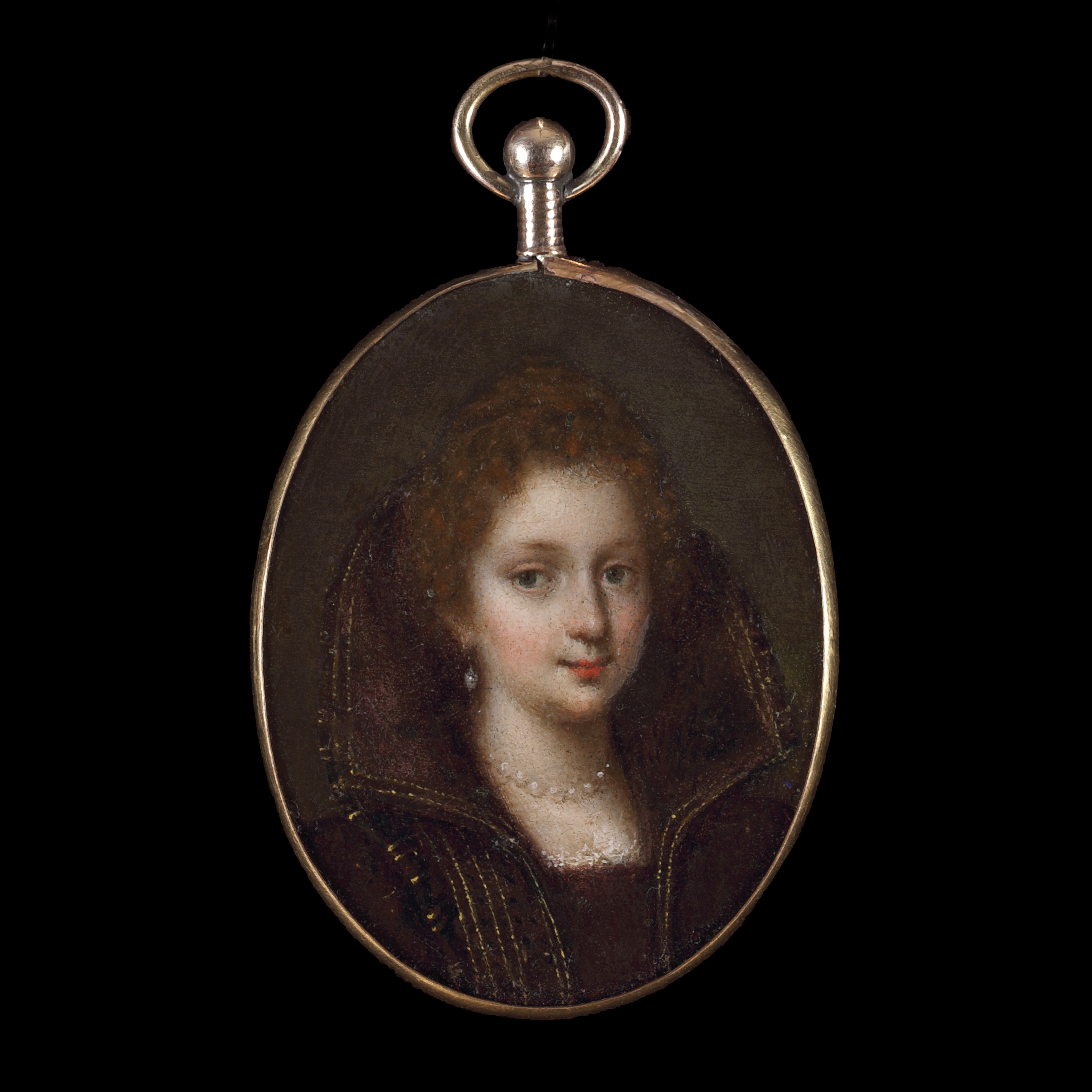 Portrait of a young Lady, head and shoulders, in a burgundy dress with elaborate collar, wearing a pearl necklace